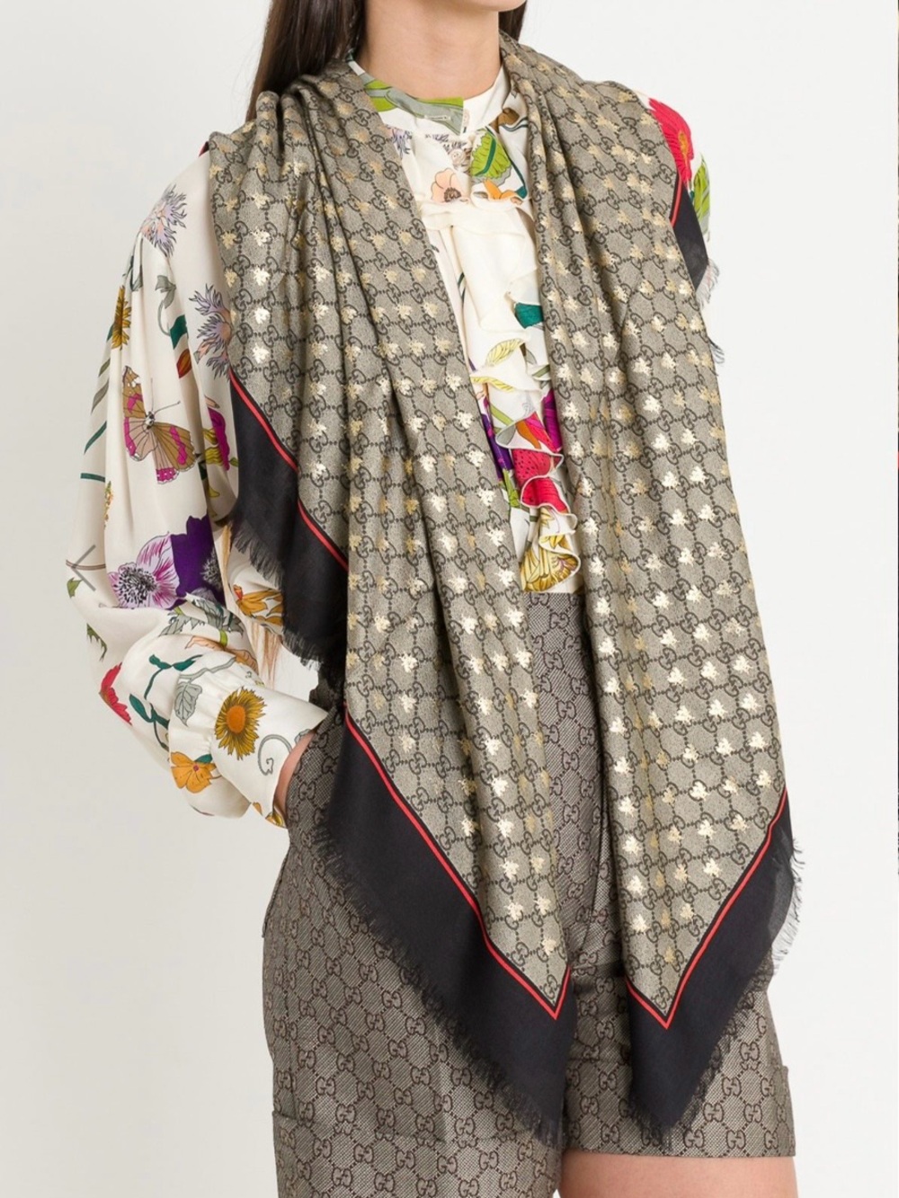 Gucci Modal Silk Shawl GG with bees motif